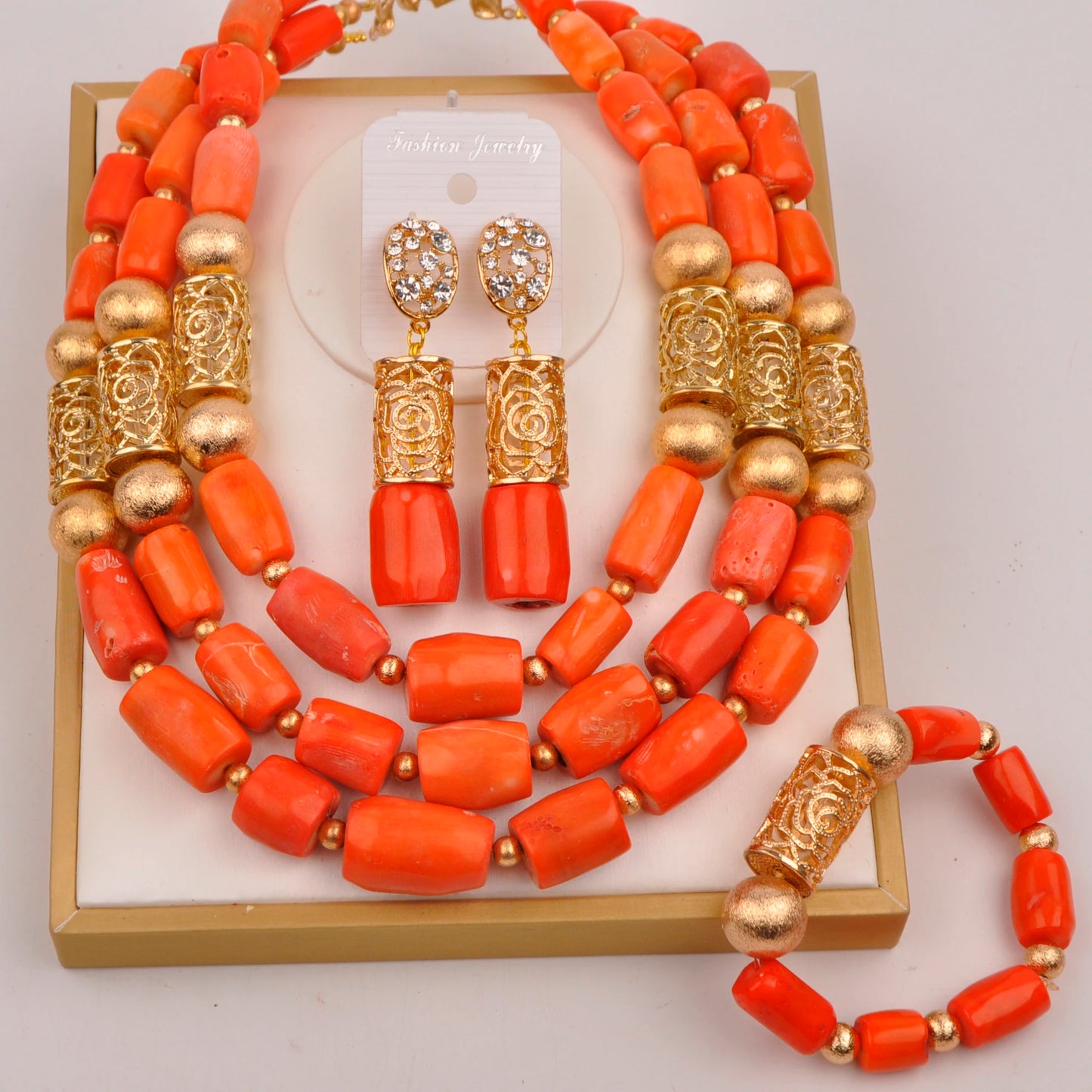 Orange Nigerian Artificial Coral Bead Necklace African Jewelry Sets