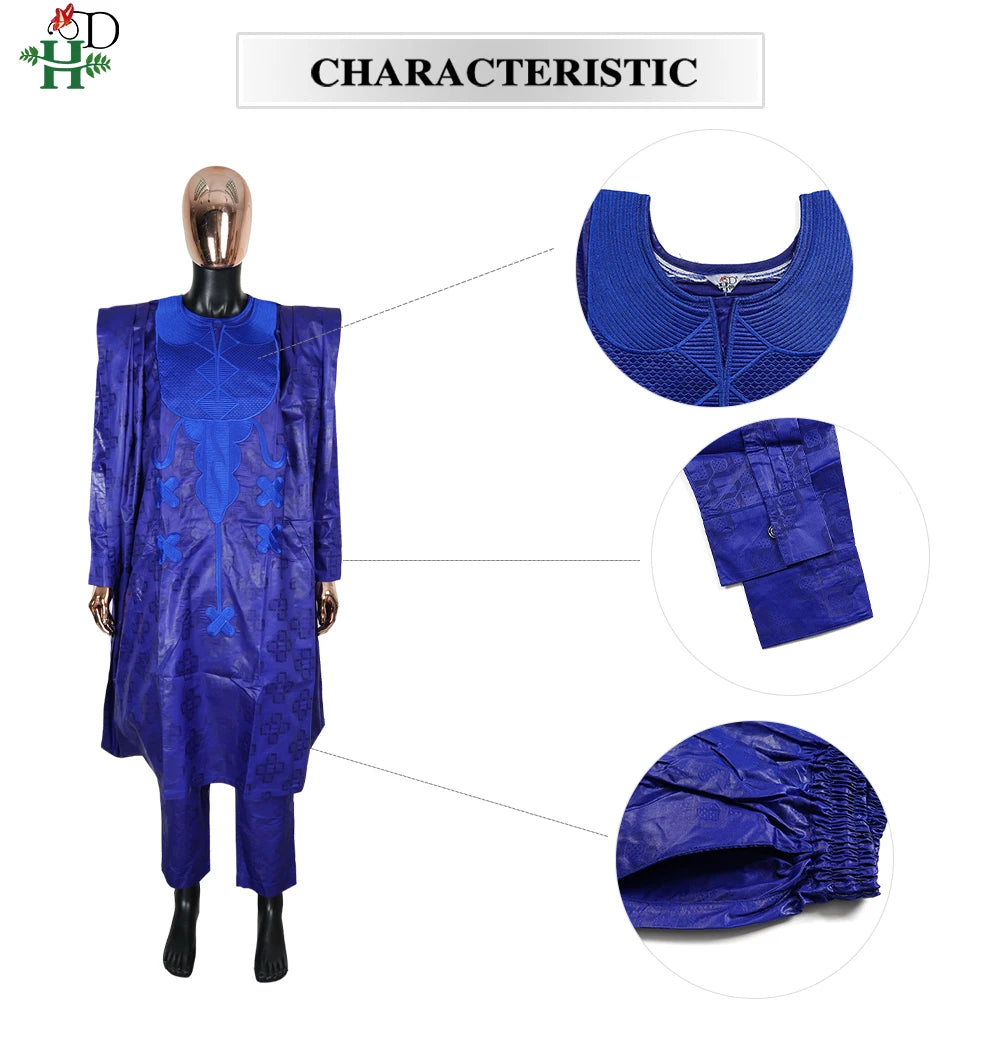 H&D African Clothing Traditional 3PCS African Outfit For Man Blue Bazin Riche Agbada Embroidered Wedding Party Robe Plus Size
