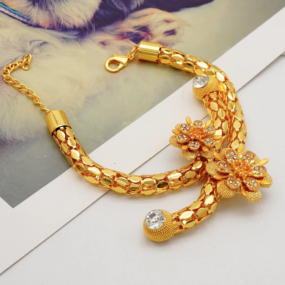 Trendy Nigerian Dubai Gold Color Jewelry Set For Women Tassel Long Chain Bridal Long Necklace Bracelet Earring Ring Wedding Sets