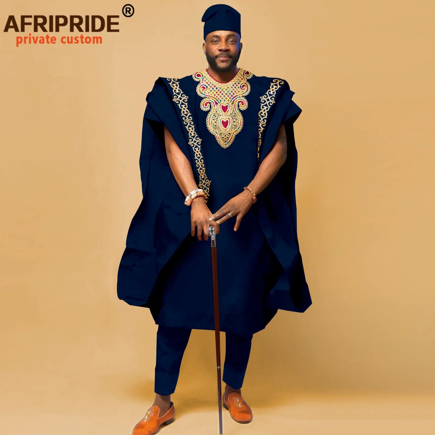 African Men`s Clothing Embroidery Agbada Shirts Pants and Hats 4 Piece Set Traditional Garments for Wedding Evening A2216066