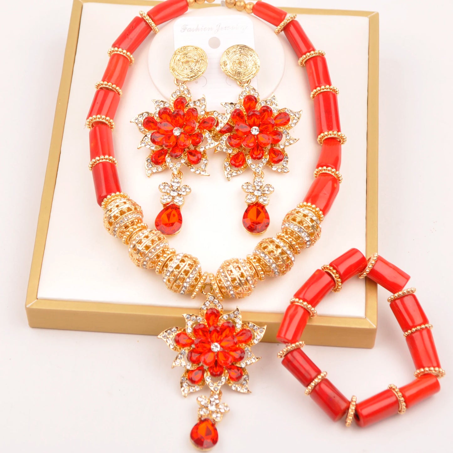 Orange Nigerian Artificial Coral Bead Necklace African Jewelry Sets