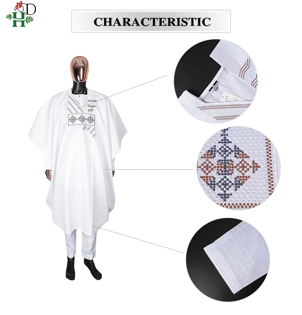 H&D African clothes For Men Embroidered Robes Dashiki Shirt Pants 3PCS Set Muslim Ramadan Thobe Wedding Festivals Christmas Gown