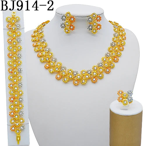Nigeria Dubai Gold Color Fine Flowers Jewelry Sets African Wedding Gifts Party For Women Bracelet Necklace Earrings Ring Set