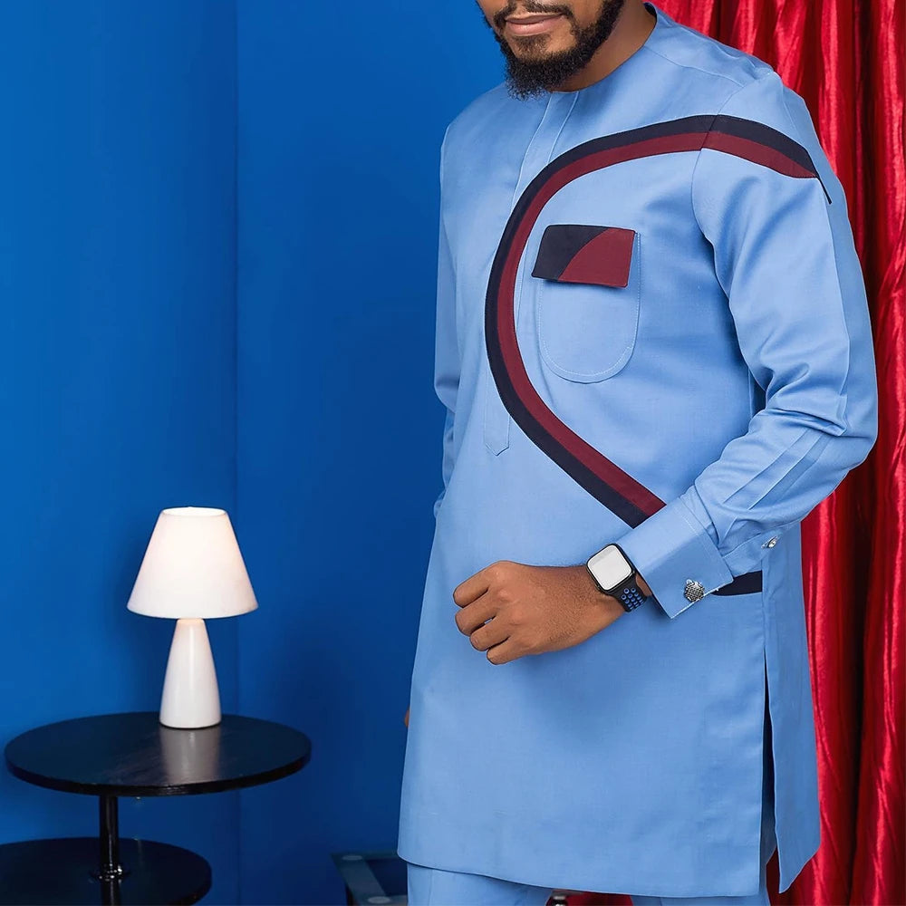 New Men's Tenos Wedding 2-Piece Suit Waist Pants Shirt Solid Color Panel Long Sleeve Party African Ethnic Style Clothing (M-4XL)