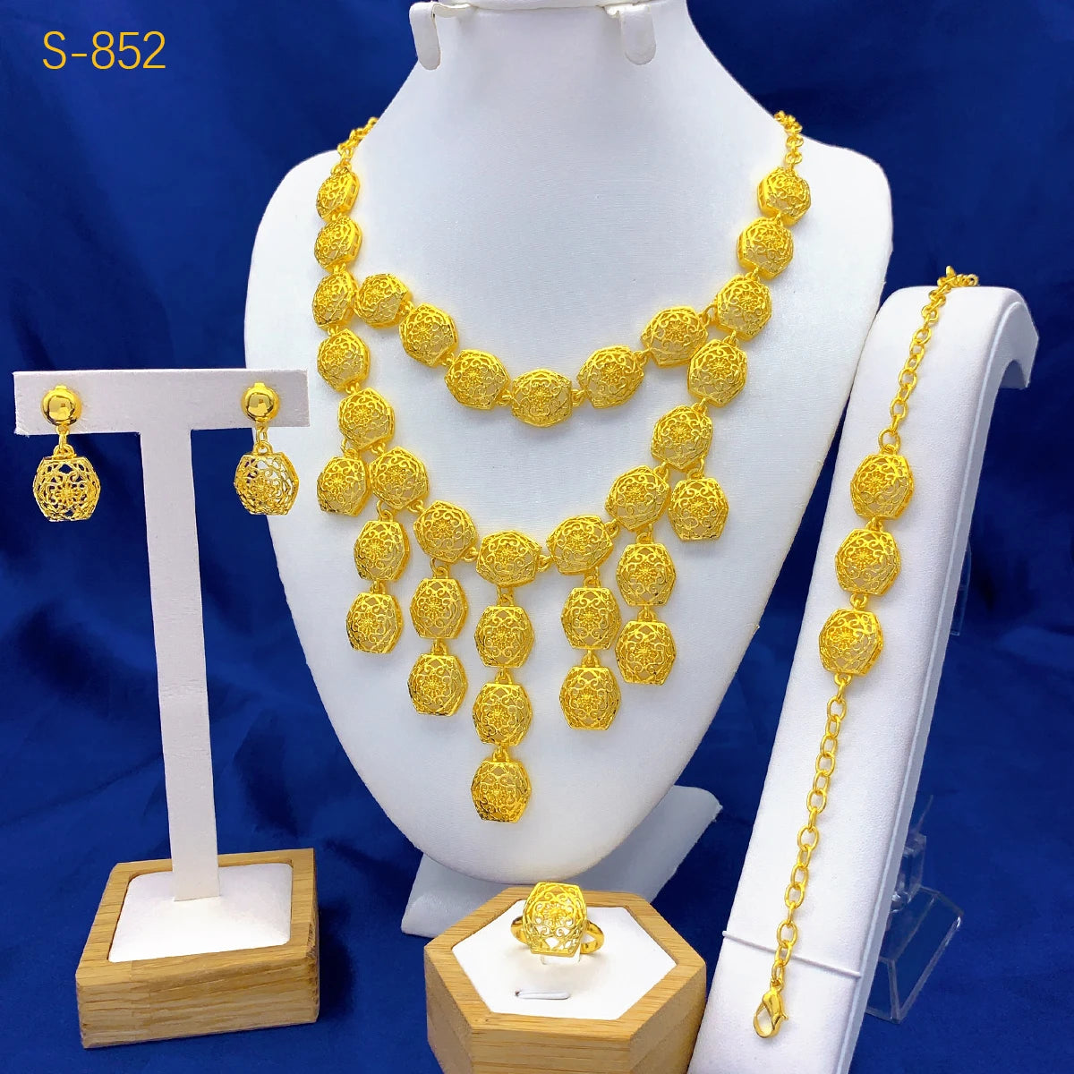 Luxury Dubai 24K Gold Color Two layer Necklace Jewelry Set For Women Bridal Nigerian Indian African Wedding Party Gift