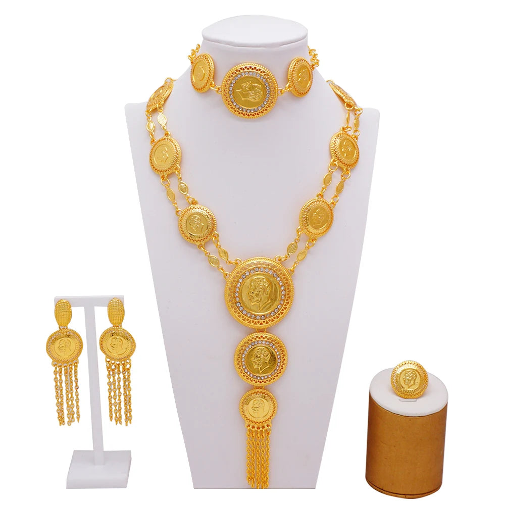 Dubai Gold Color Jewelry Set For Woman Bridal Nigerian African Long Chain Necklace Earrings Bracelet Ring Jewellery Set