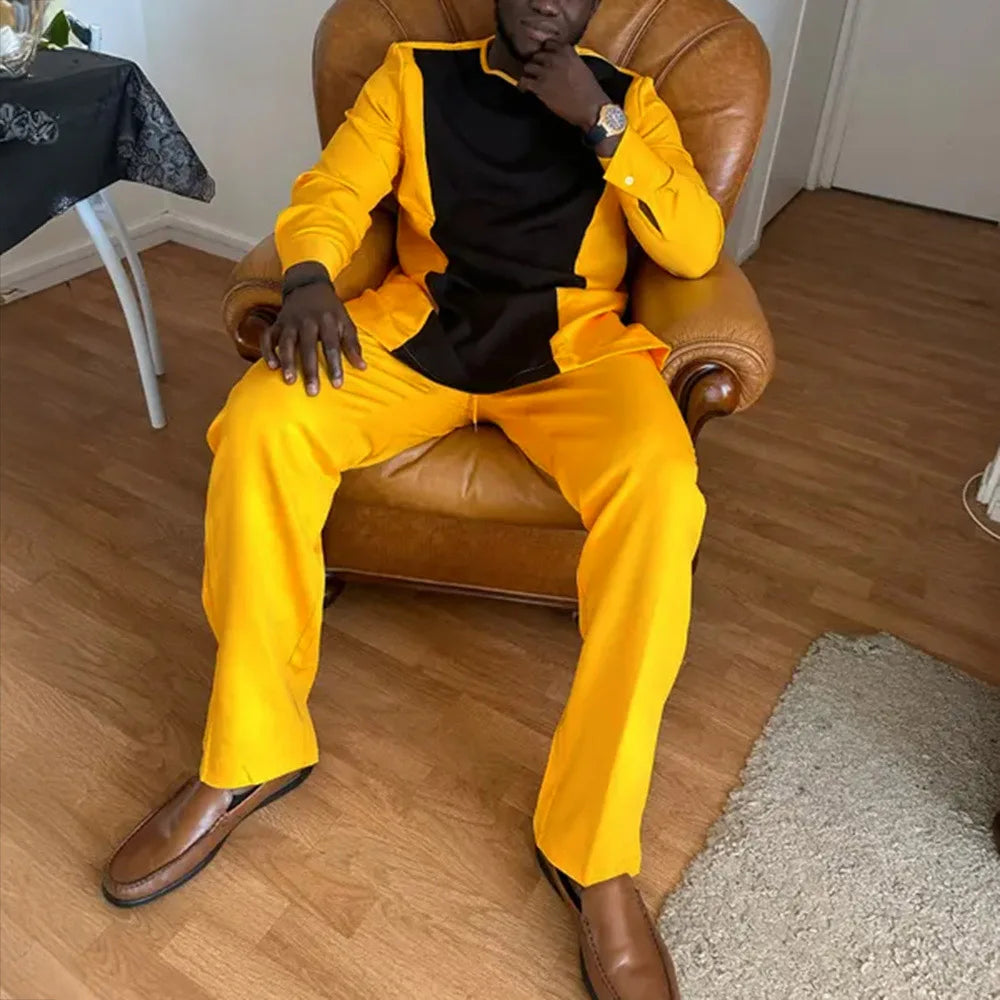 Dashiki Men Clothing 2 Pieces Long Sleeve Outfit African Clothes For Men Solid Color Casual Riche Shirt Pant Full Men‘s Suits