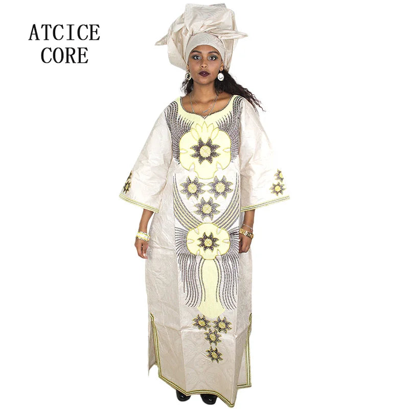 African Dresses For Woman Bazin Riche Embroidery Desing Long Dress With Scarf 2 Piece Set