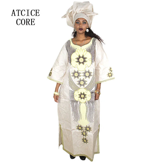 African Dresses For Woman Bazin Riche Embroidery Desing Long Dress With Scarf 2 Piece Set
