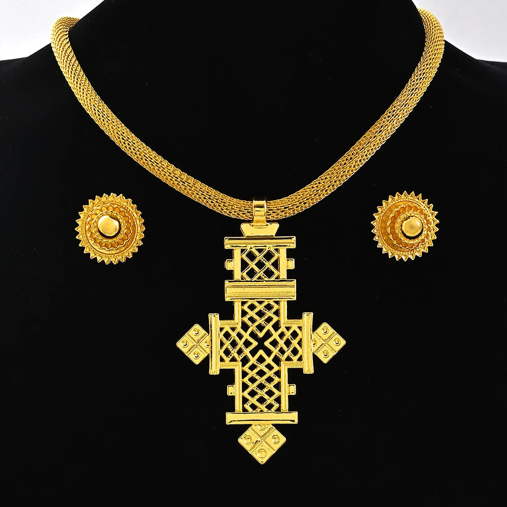 Saudi Arabia 24K Gold Color Ethiopia Women Jewelry Necklace Earring African Arab Bridal Set Habesha Eritrea Party Gift