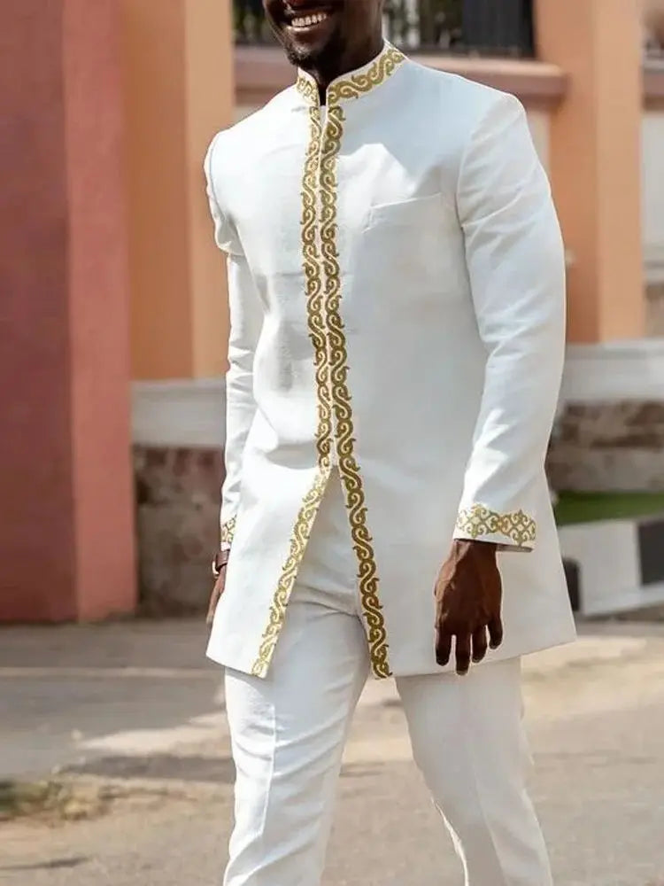 Mans Tracksuits Suits Set Kaftan Embroidered Long Sleeve Tops Pants 2Pcs Set Outfits Wedding Wear African Ethnic Casual Clothing