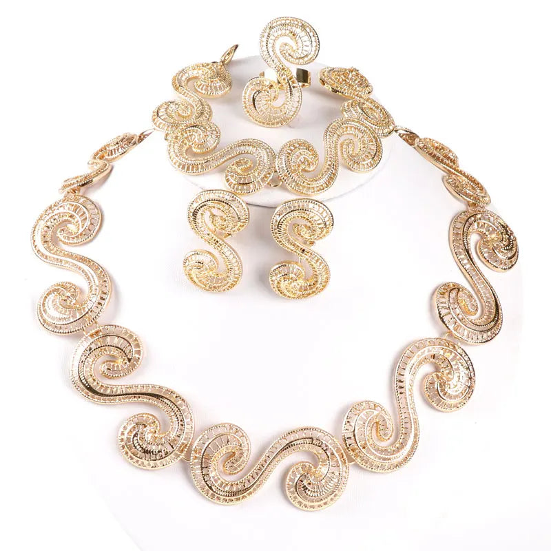 African Jewellery Sets Silver Color Hollow Out Necklace Bracelet Ring Earrings Sets Classic Bridal Jewelry Sets