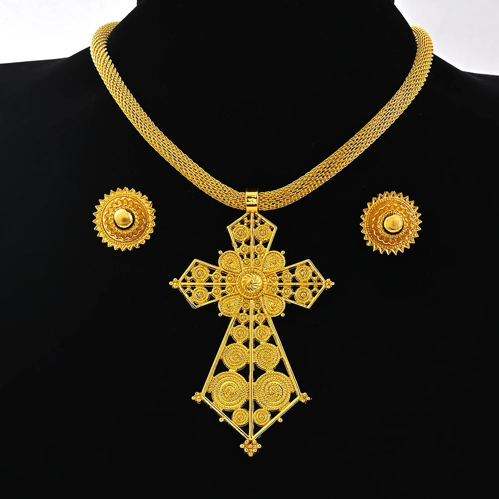 Saudi Arabia 24K Gold Color Ethiopia Women Jewelry Necklace Earring African Arab Bridal Set Habesha Eritrea Party Gift