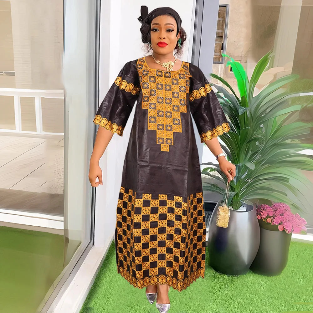 H&D New African Dresses For Women Embroidery Bazin Floral Boho Dresses Ankara Rich Long Robes Tradition Party Wedding Ramadan