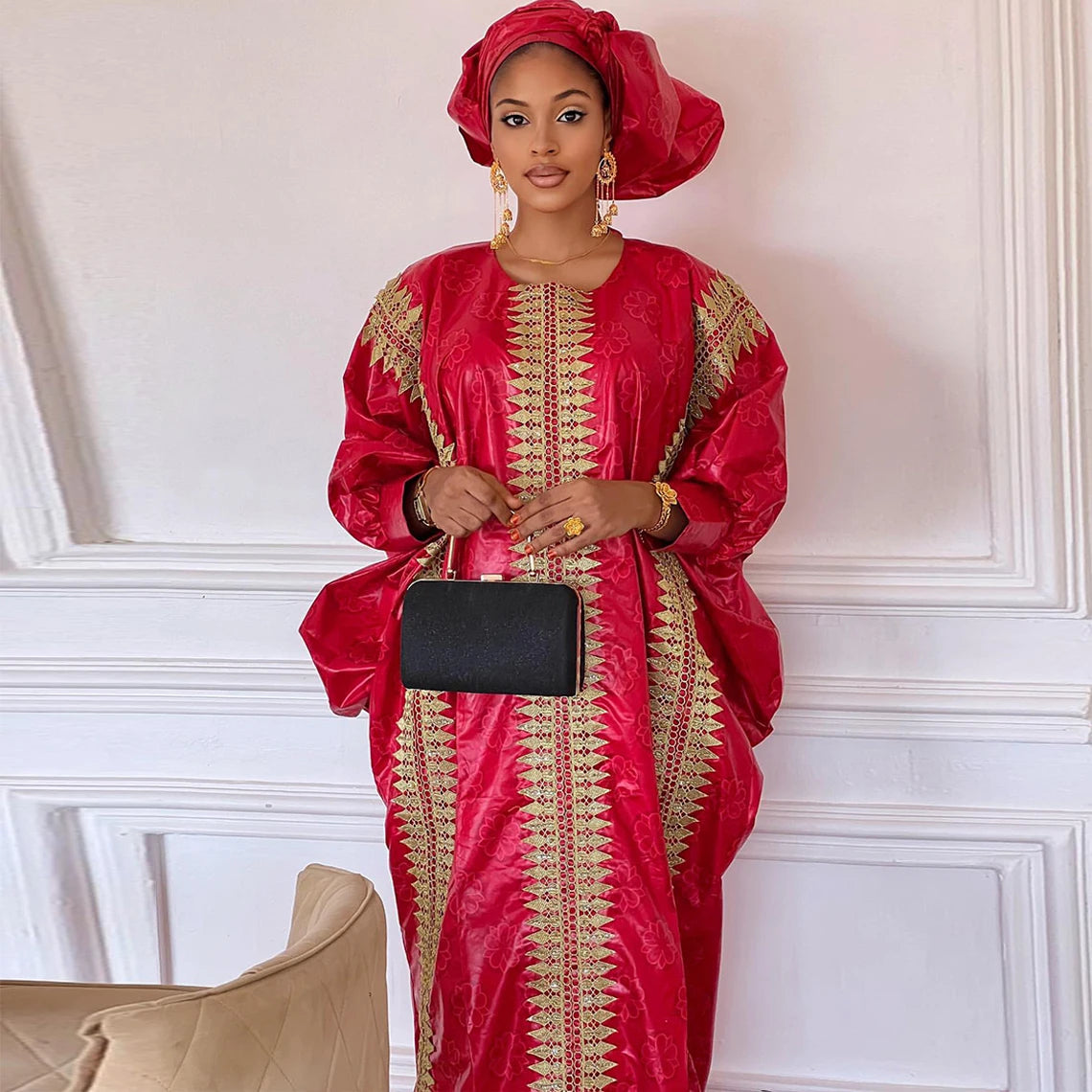 African Red Boubou Bazin Riche Wedding Bride Dress 2024 Latest Nigerian Mali Mix Size Dashiki With Gold Dust Embroidery Gown