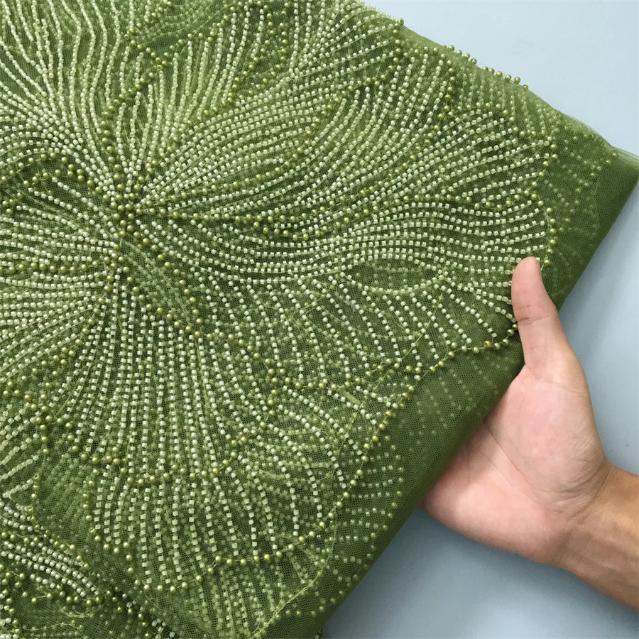 Kalume Green French Mesh Lace Fabric Beads African Lace Fabrics Nigerian Mesh Lace Fabric For Diy Dresses Party Wedding F4034