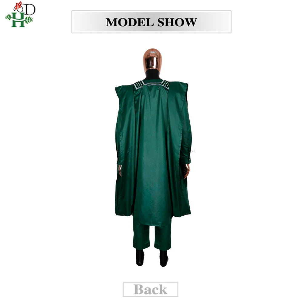 H&D African Clothes Plus Size For Men Elegant Party Wedding Thobe 3 PC Top and Pants Suits Set Daily Wear Embroidery Green Gown