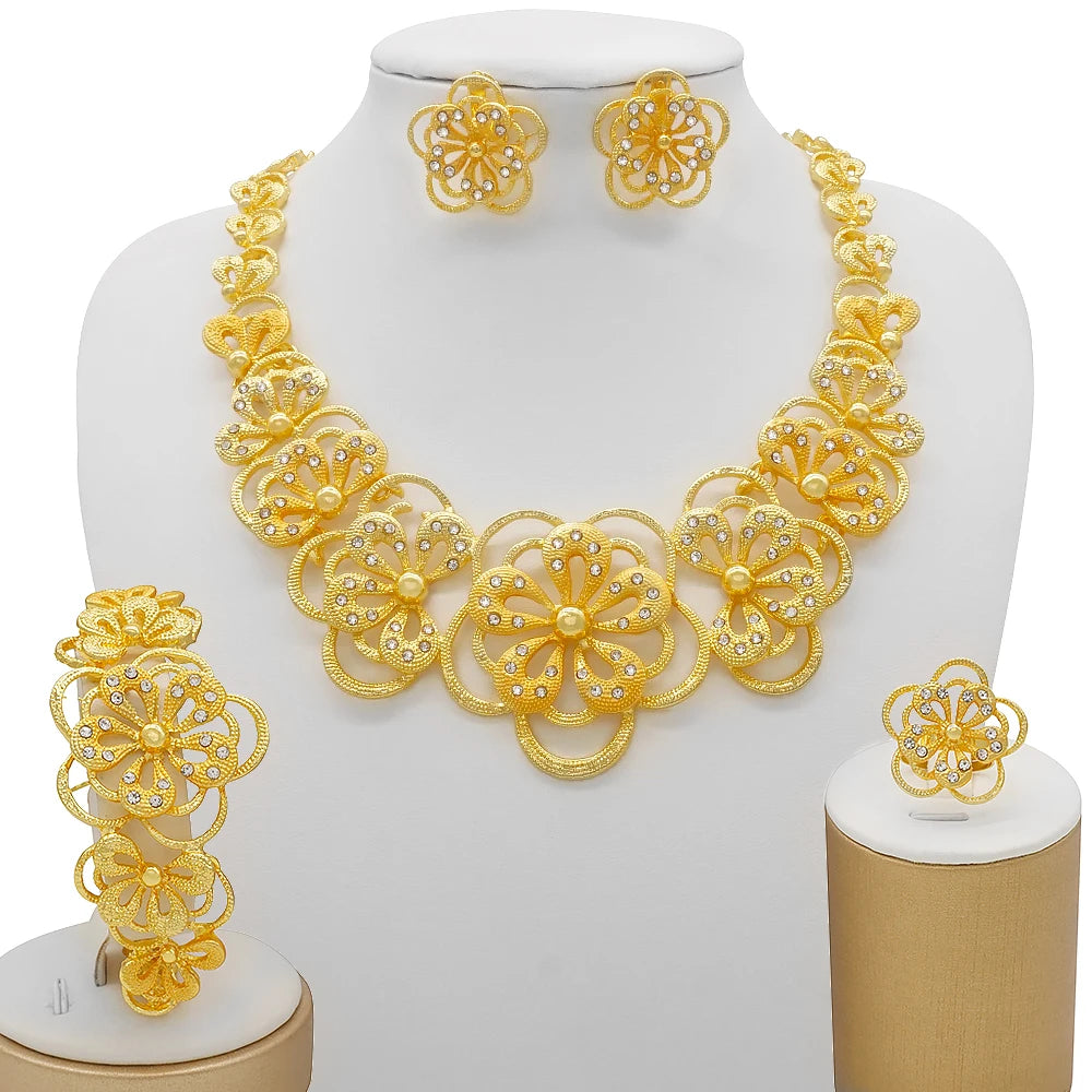 Necklace Sets For Women Dubai African Gold Color Jewelry Set Bride Earrings Rings Indian Nigerian Wedding Jewelery Set Gift