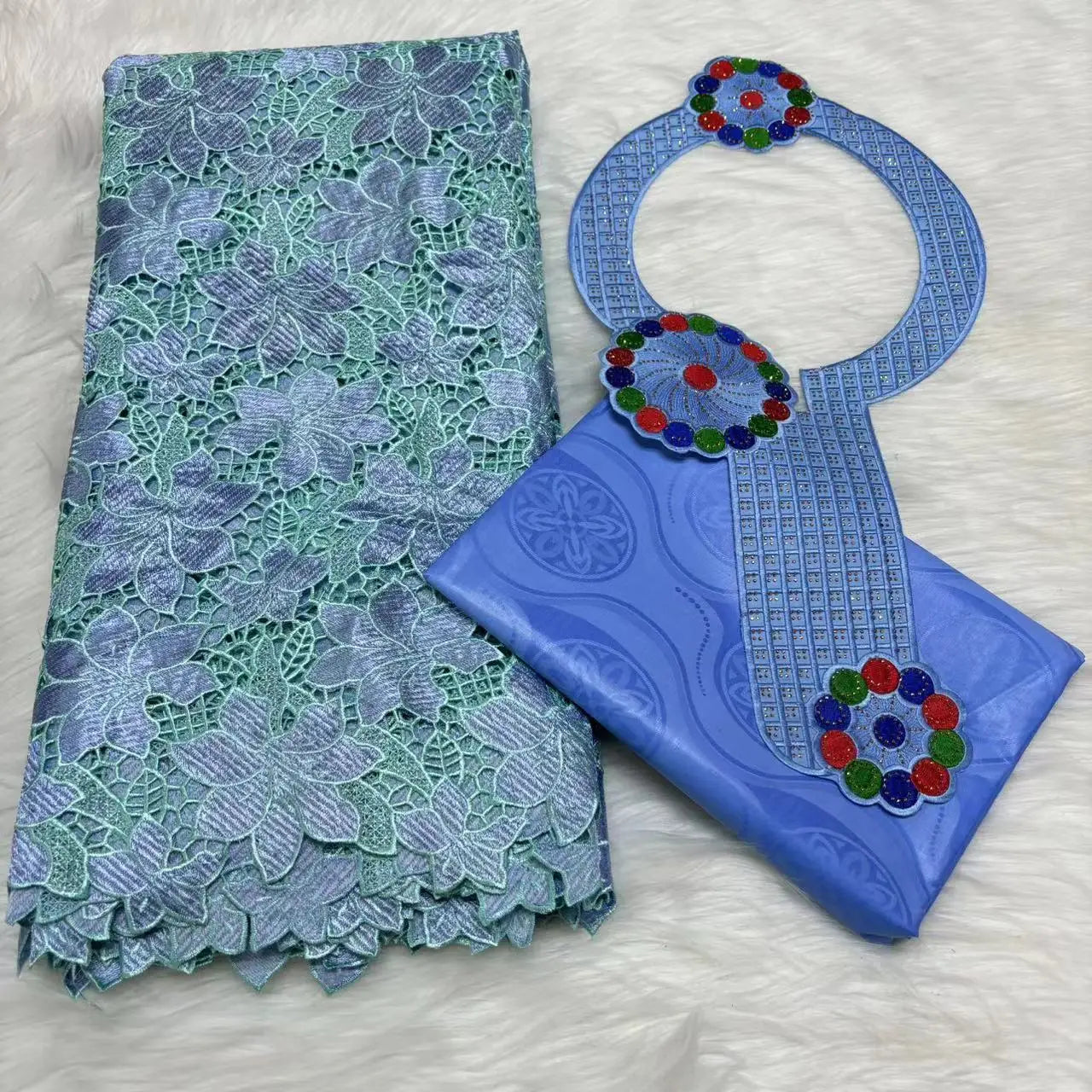 2024 High Quality 2.5yards Bazin Riche Brocade Fabric +2.5 Yards African Cotton Lace Fabric with Collar Set for Dress  M4-1212-1