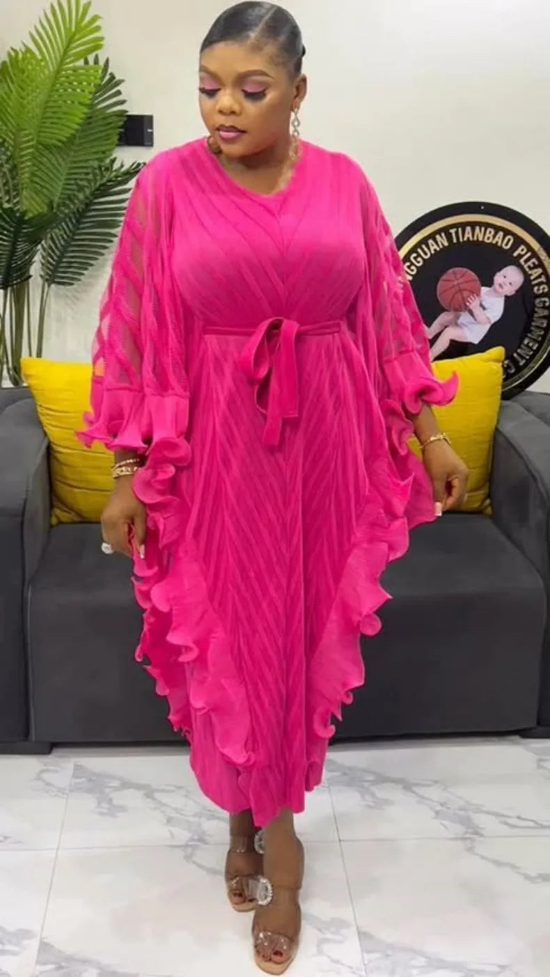 ANLAN Ruffles Pleated Dress Women V Neck Hanging Loose Style Dresses with Belt Female Elegant Clothing Spring 2025 New 2AN9083