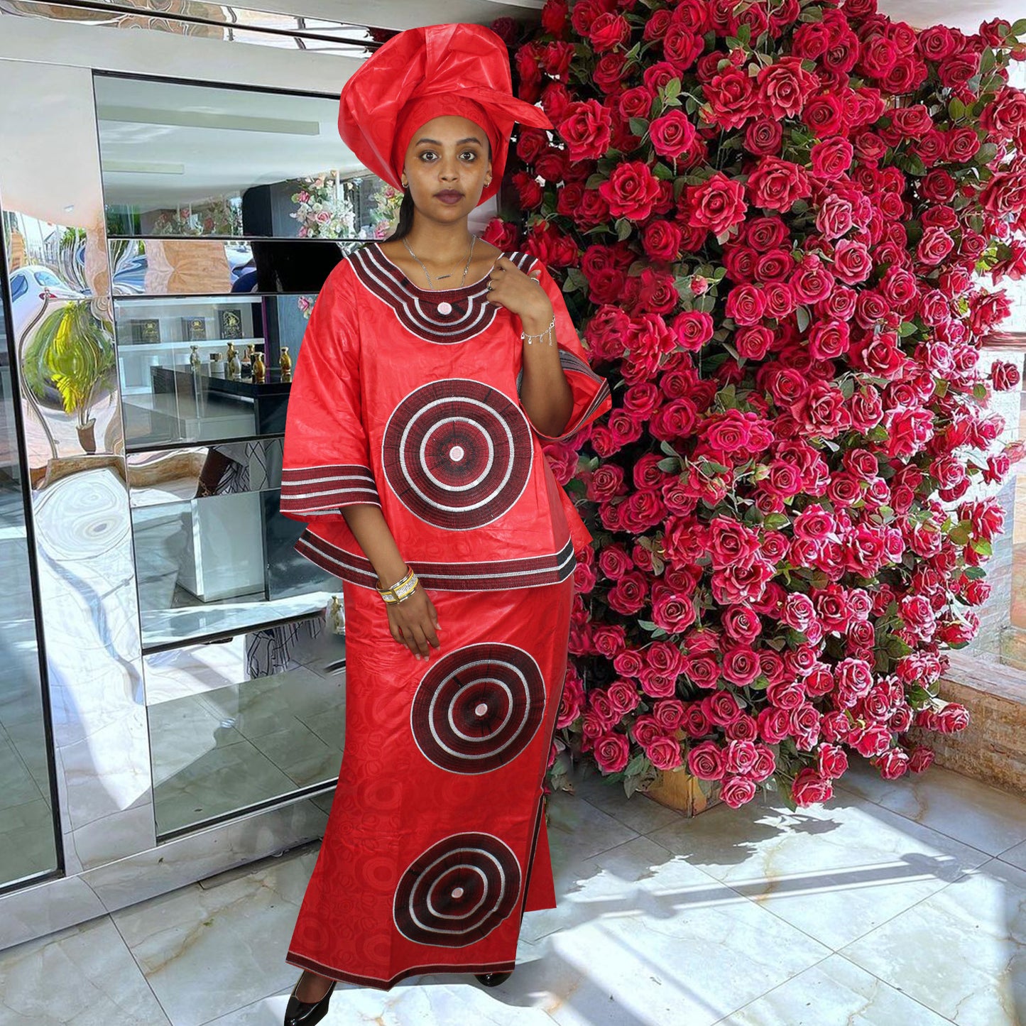 African Dresses For Women 3/4 Sleeve Top With Wrapper And Scarf 3pieces One Set 2 Size Smaller Than Us Size