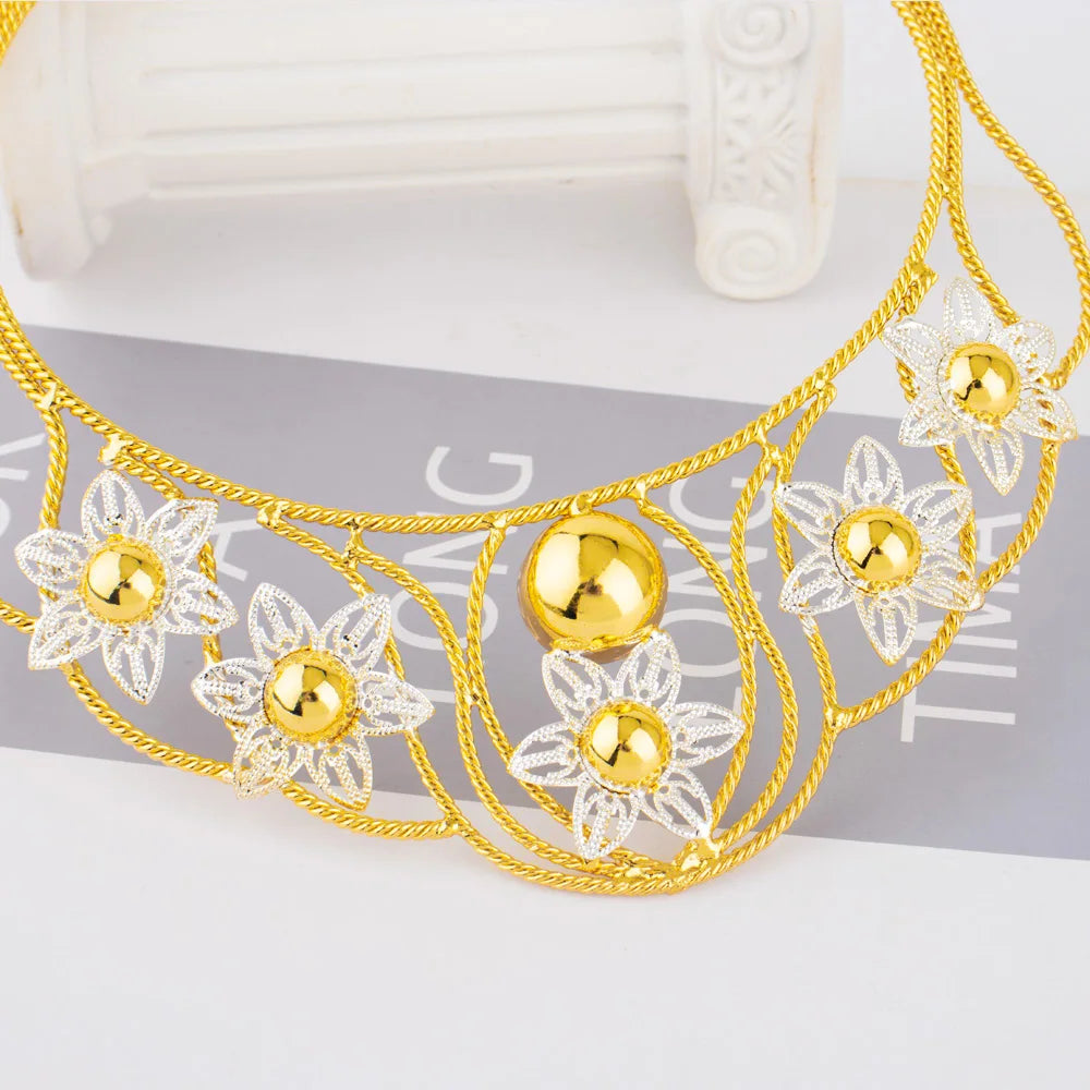 Exaggerated Gold Color Hollow Flower Shape Necklace Earrings Ring Bracelet Set for Women Gold Plated Jewelry Gift for Party