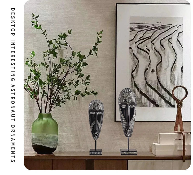 African Style Face Mask Ornament Sculpture Decoration Resin Arts And Crafts Originality Pattern Carving Retro With Base For Home