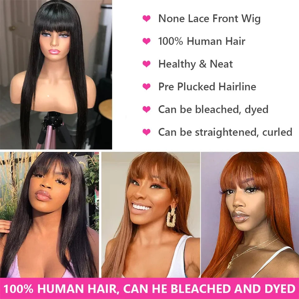 Silky Straight Human Hair Wigs With Bang Full Machine Made Wigs 8-30inch Natural Color AHJF Peruvian Remy Human Hair Wigs 180%