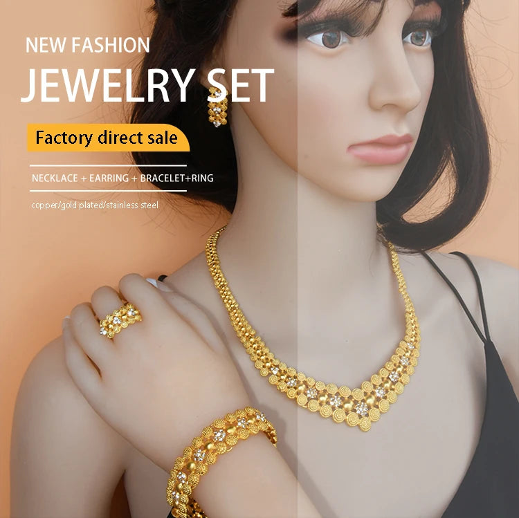 XUHUANG Dubai 2024 Gold Color Necklace Bracelet Jewelry Set For Women Ethiopian Arabic Charm Necklace Choker Set Wedding Gifts