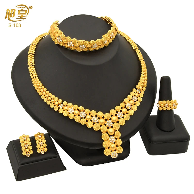 XUHUANG Dubai 2024 Gold Color Necklace Bracelet Jewelry Set For Women Ethiopian Arabic Charm Necklace Choker Set Wedding Gifts