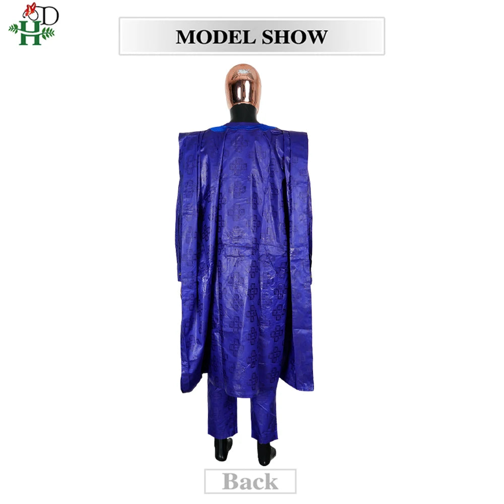 H&D African Clothing Traditional 3PCS African Outfit For Man Blue Bazin Riche Agbada Embroidered Wedding Party Robe Plus Size