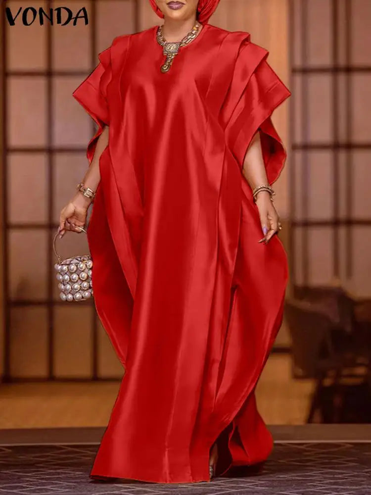 VONDA Oversize Women Maxi Dress Elegant Short Sleeve Ruffled Satin Silk Party Sundress 2024 Casual Loose Solid Color Summer Robe