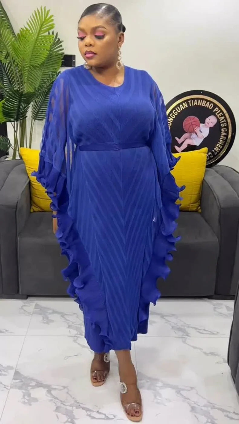 ANLAN Ruffles Pleated Dress Women V Neck Hanging Loose Style Dresses with Belt Female Elegant Clothing Spring 2025 New 2AN9083