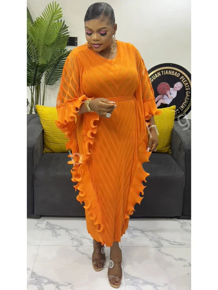 ANLAN Ruffles Pleated Dress Women V Neck Hanging Loose Style Dresses with Belt Female Elegant Clothing Spring 2025 New 2AN9083