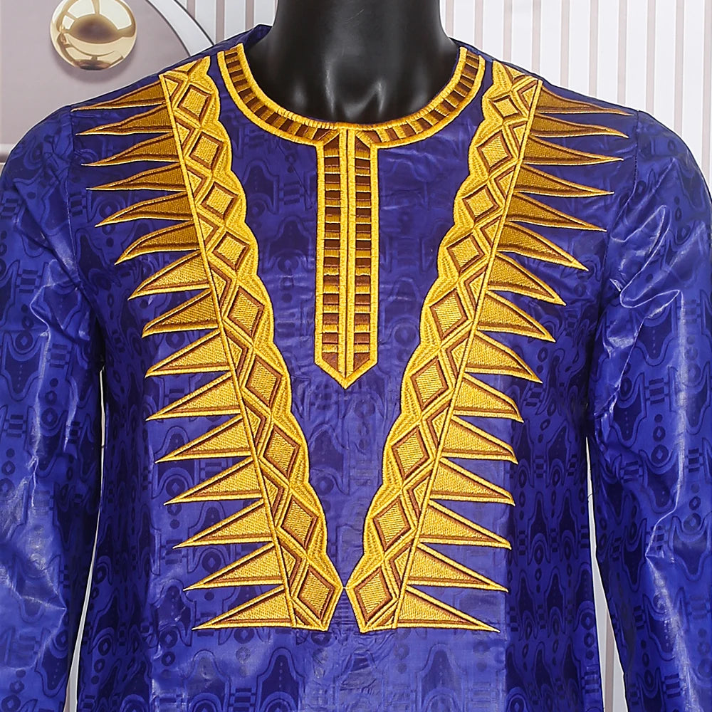 H&D New African Clothes for Men Tradition Clothing Embroidery Blue 2 Pcs Set Top Pant Bazin Muslim Wedding Party Dashiki