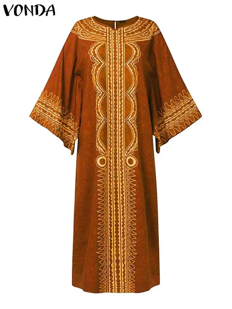 Plus Size VONDA Women Bohemian Long Maxi Dress Long Flare Sleeve Autumn Printed Vestidos Vintage Casual Loose Oversized Sundress