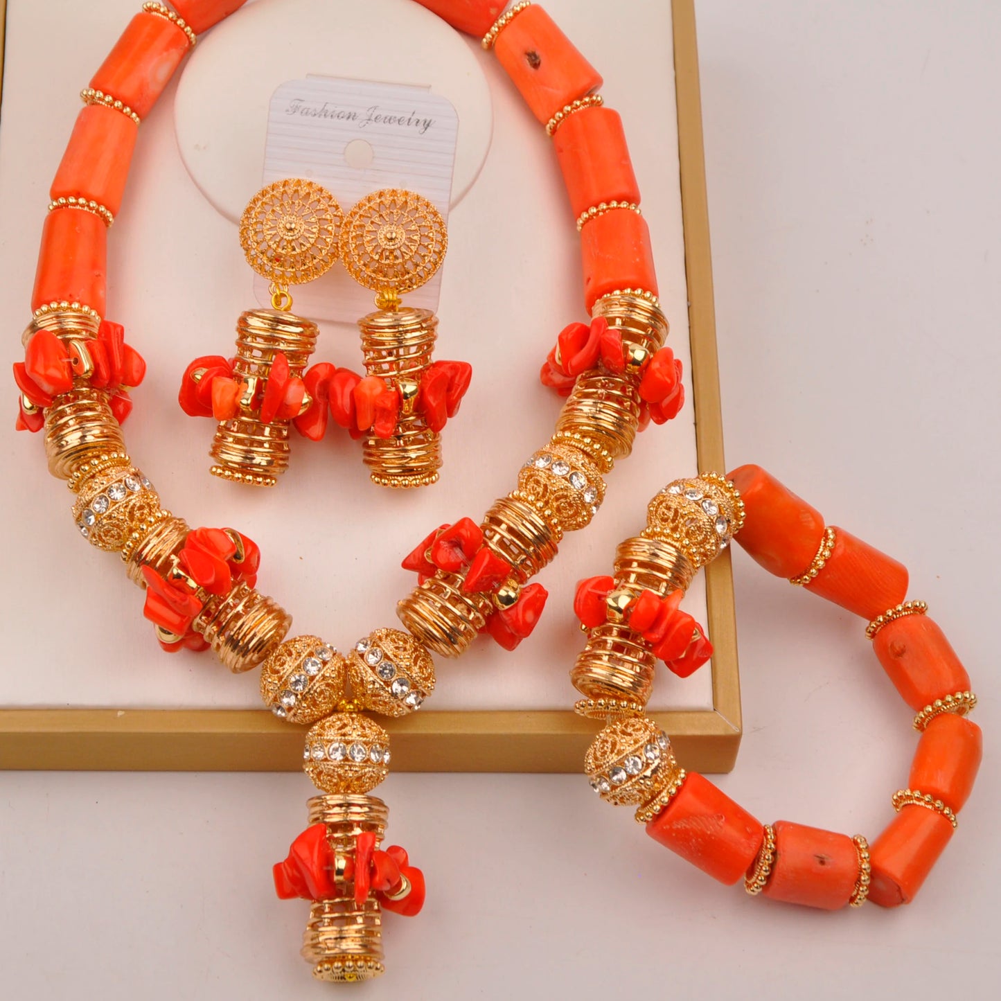 Orange Nigerian Artificial Coral Bead Necklace African Jewelry Sets