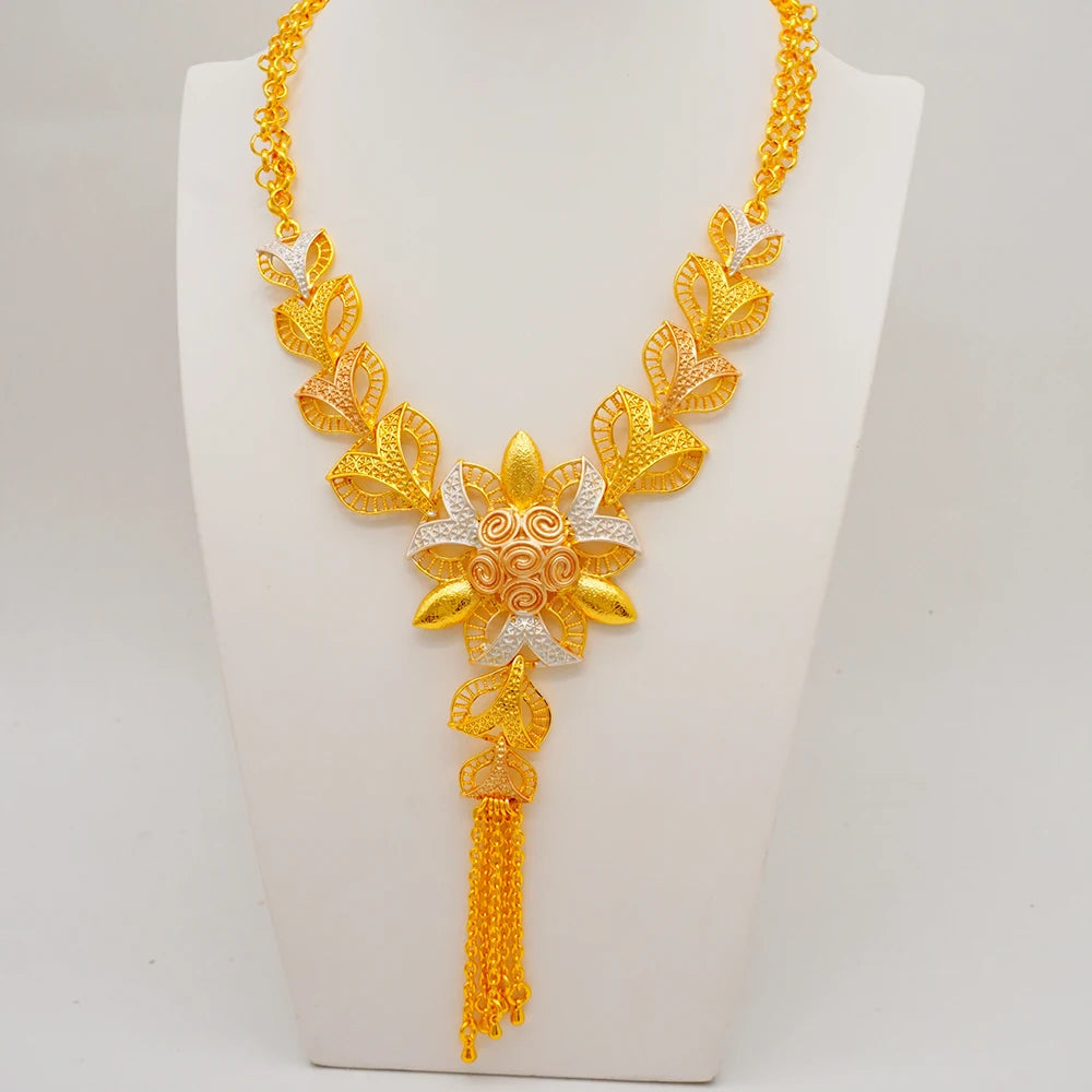 Trendy Nigerian Dubai Gold Color Jewelry Set For Women Tassel Long Chain Bridal Long Necklace Bracelet Earring Ring Wedding Sets