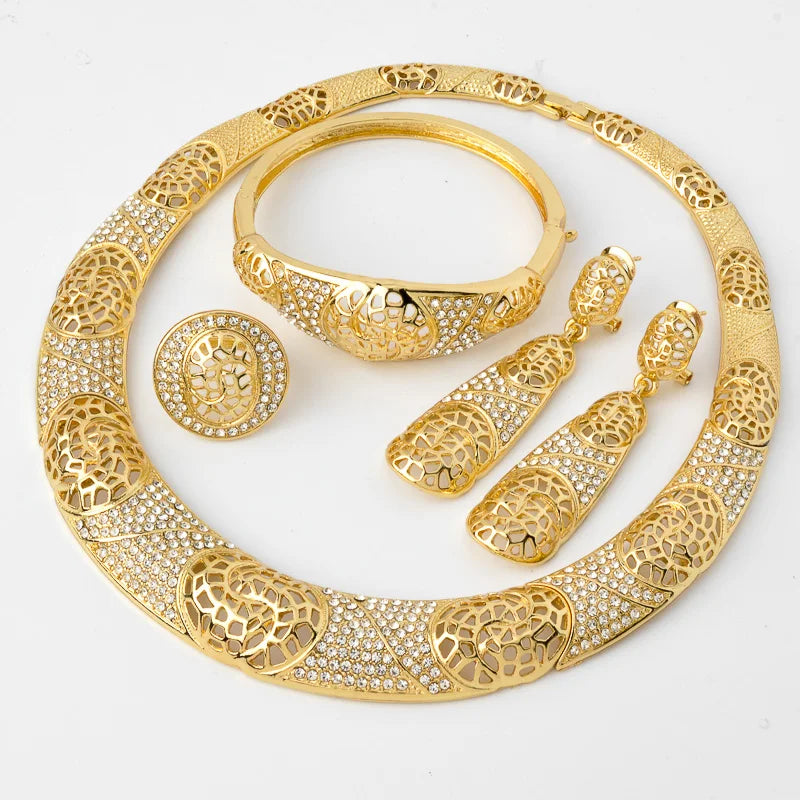 Sunny Jewelry Fashion Bridal Wedding Sets Zircon Classic 24K Gold Plated Earrings Necklace Bracelet Ring For Women Gifts