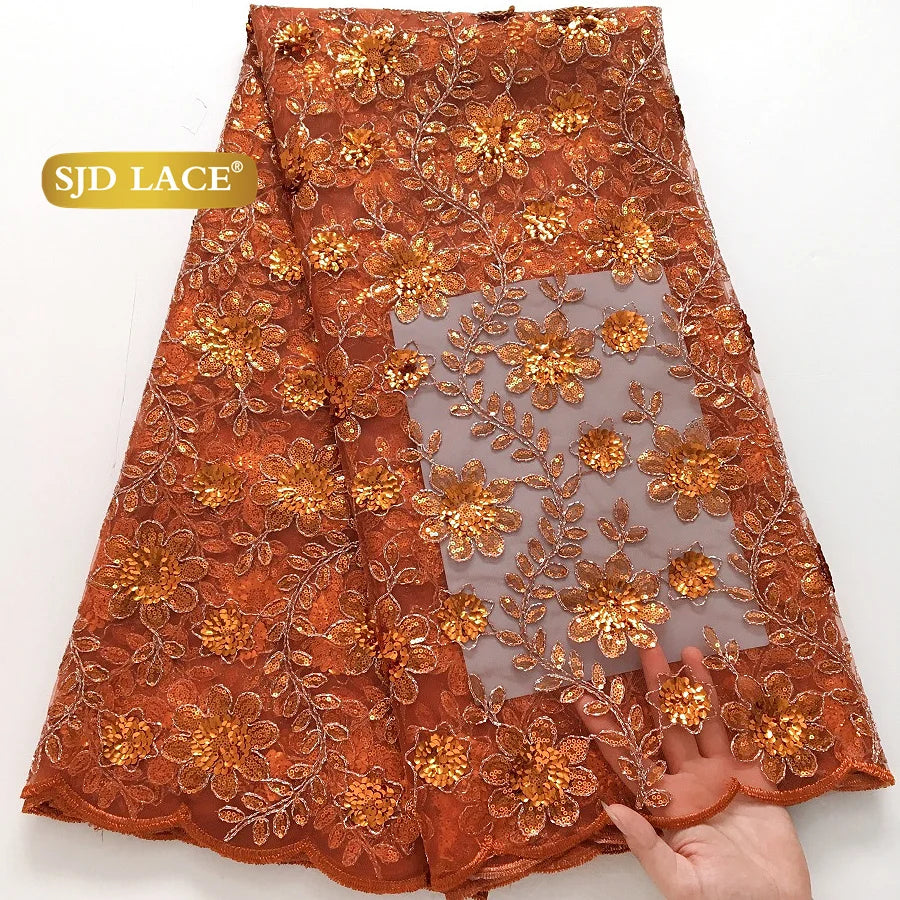 SJD LACE 5Yards Nigerian Tulle Mesh Lace Fabric 2025 High Quality French African Sequins Net Lace for Women Wedding Dresses 4173