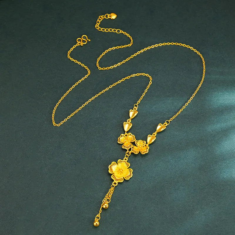 Luxury 24K 9999 Pure Gold real gold Gold Store Same Petal Tassel Lilac Set Chain Bracelet Women's Engagement Ring Bracelet