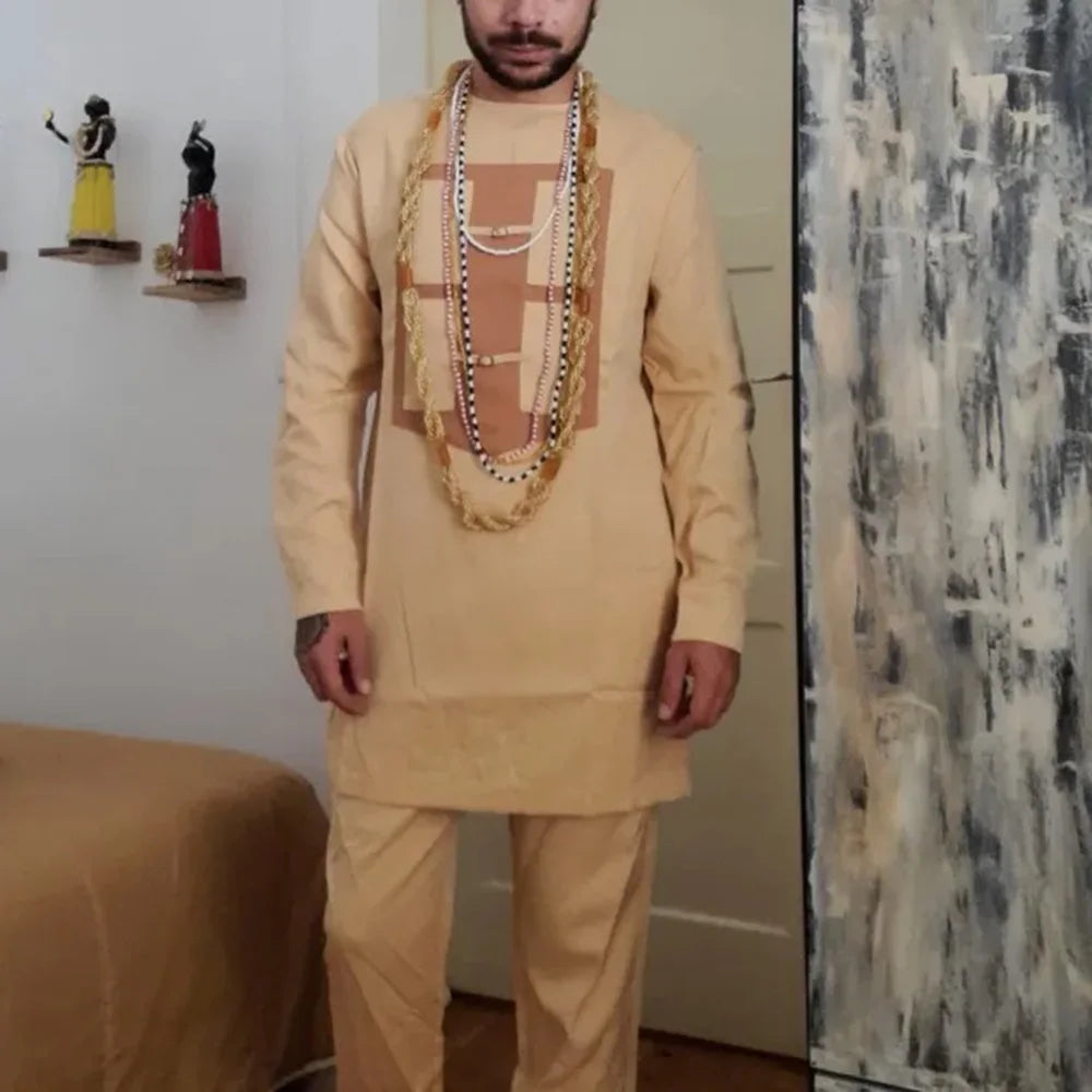 2024 African Youth Stand Collar Slim Fit Brown Ordinary Spring And Autumn Casual Shirt Dashiki Suit Muslim Suit Rich Bazin