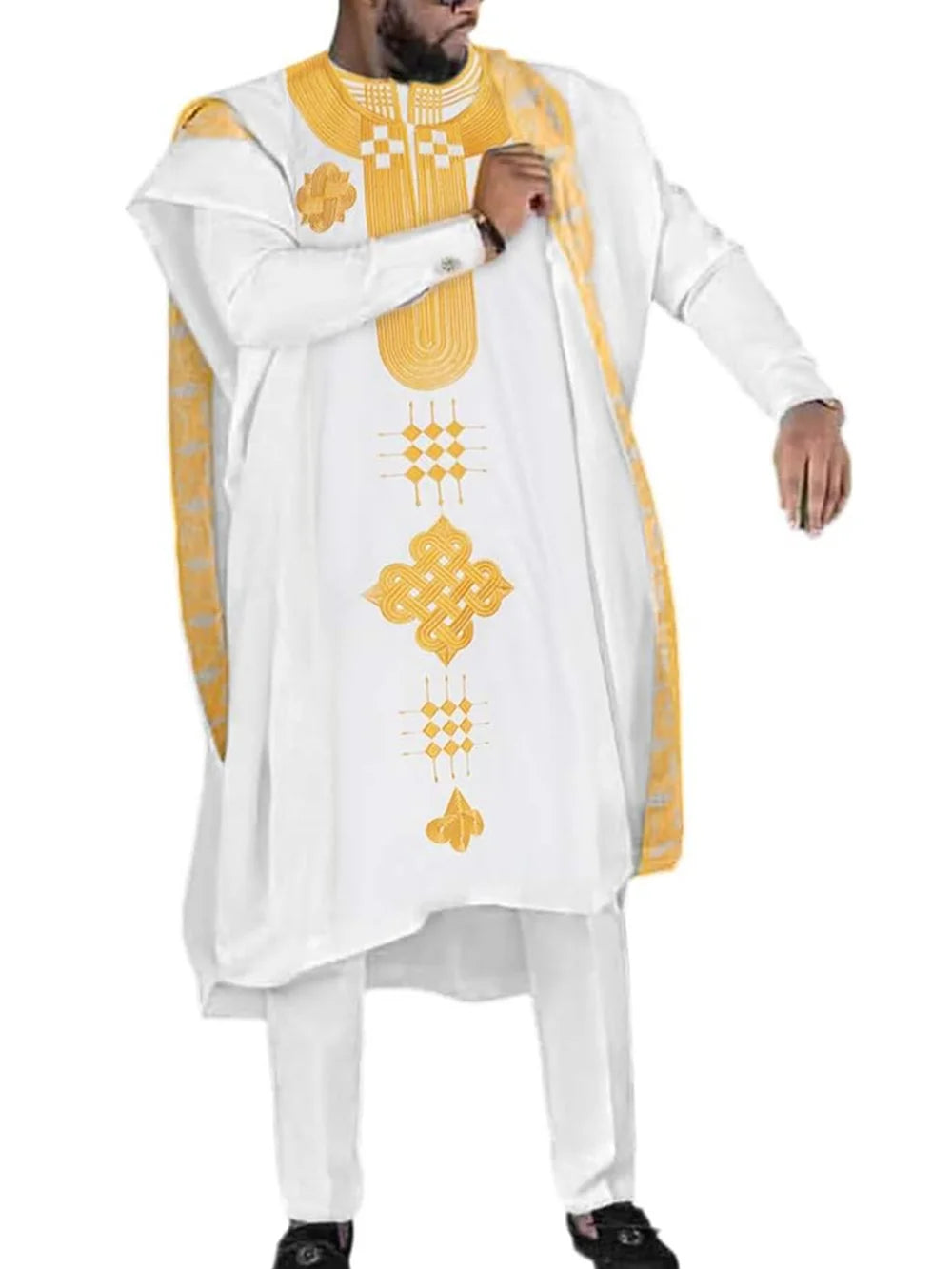 New African Clothes for Men Dashiki Tradition Outfit Robe Embroidery White Tops Pants Suits Bazin Muslim Wedding Party Clothing
