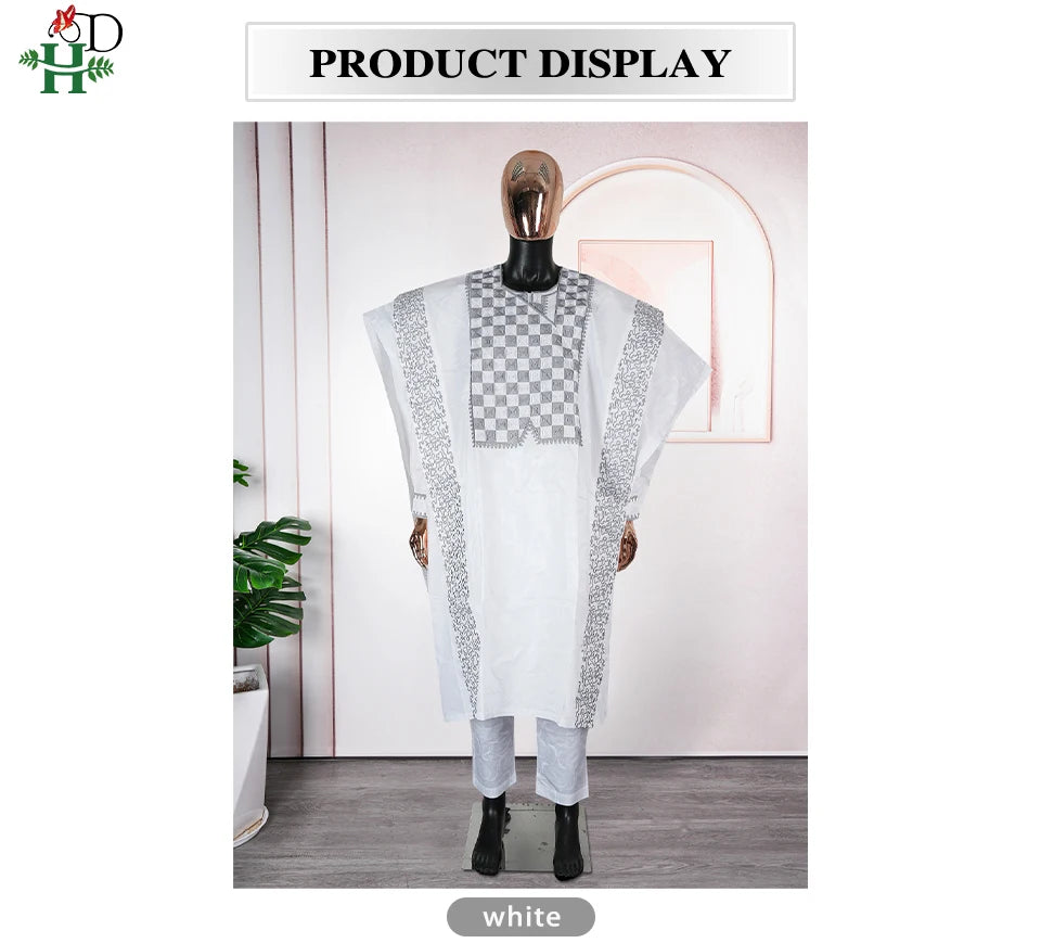 H&D New In African Summer Men's Long Sleeve Suit White Embroidery Dashiki Shirt Pants Sets 3 Pieces Outfits Wedding Party 2025
