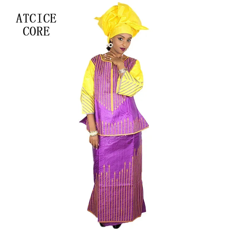 African Dresses For Woman Bazin Riche Embroidery Design Rapper With Scarf