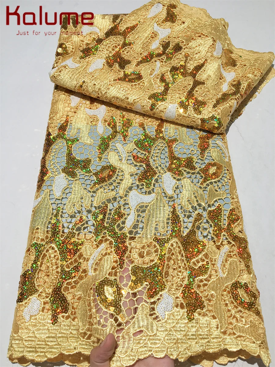 Kalume African Sequins Lace Fabric 2025 High Quality Material Nigerian Guipure Cord Lace Fabric for Party Dress Sewing F4058