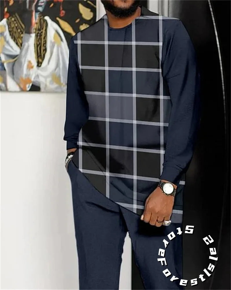 Men Tracskuit Set 2-piece Striped 3D Printed Casual Walking Suit Fashion Streetwear Long Sleeve T-Shirt Trousers Outfits