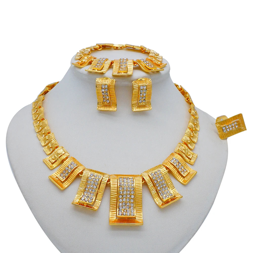 Necklace Sets For Women Dubai African Gold Color Jewelry Set Bride Earrings Rings Indian Nigerian Wedding Jewelery Set Gift