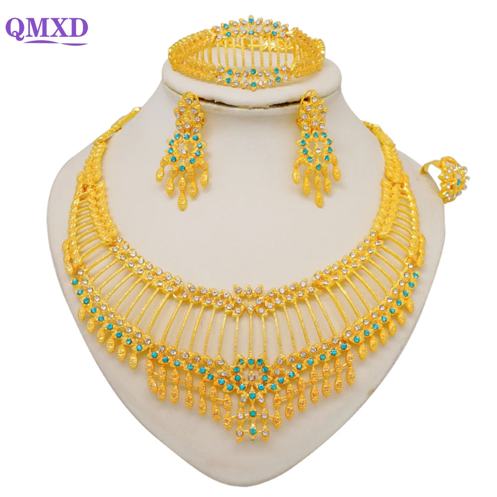 Trendy Nigerian Dubai Gold Color Jewelry Set For Women Tassel Long Chain Bridal Long Necklace Bracelet Earring Ring Wedding Sets