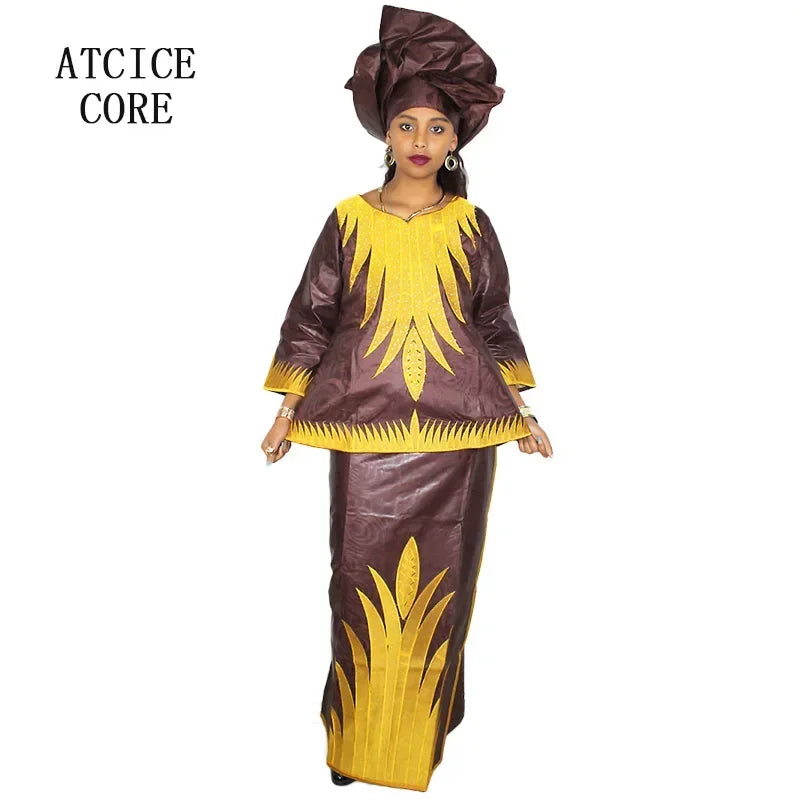 African Dresses For Women Church Dress Bazin Riche Embroidery Design Robe Top Scarf Three Pcs One Set